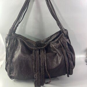Exquisite Unique Monserat De Lucca Brown Leather with Breaded Decorated Hobo Bag